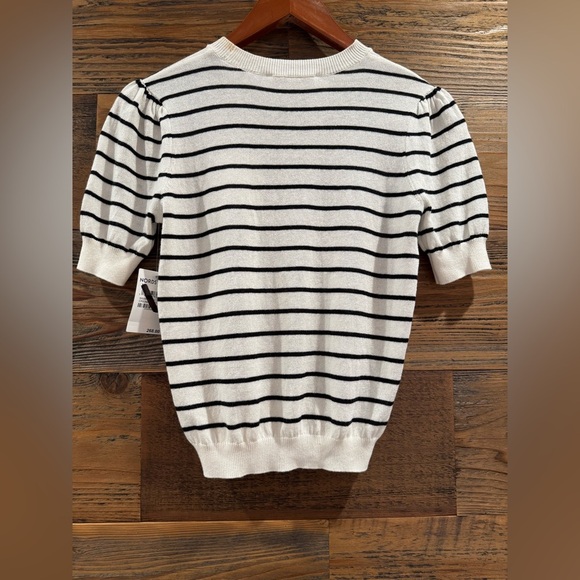 FRAME Gathered Striped Short Sleeve Organic Cotton/Linen Blend Sweater NWT - Picture 7 of 14